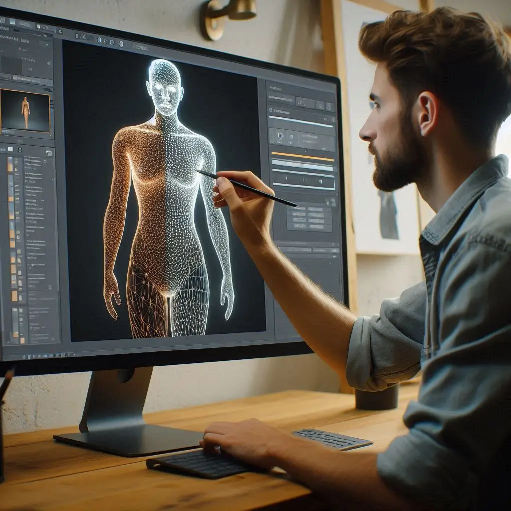 Generate an image of a designer reviewing the first draft of an AI-generated model. The designer should be making adjustments to the prompt on their computer, with the model displayed on the screen. There should be visible changes to the model (like posture, clothing, or expression) as the designer iterates and refines the output based on feedback.