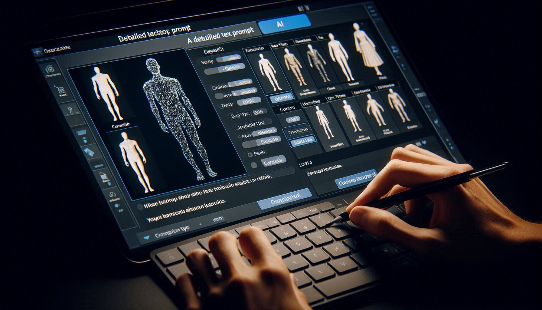 Create an image showing a user crafting a detailed text prompt on an AI interface. The screen should display a description box with various attributes like body type, clothing, and facial features being entered. The user should be typing out the prompts, and several human model options can be seen on the screen, showing how they evolve based on the input.