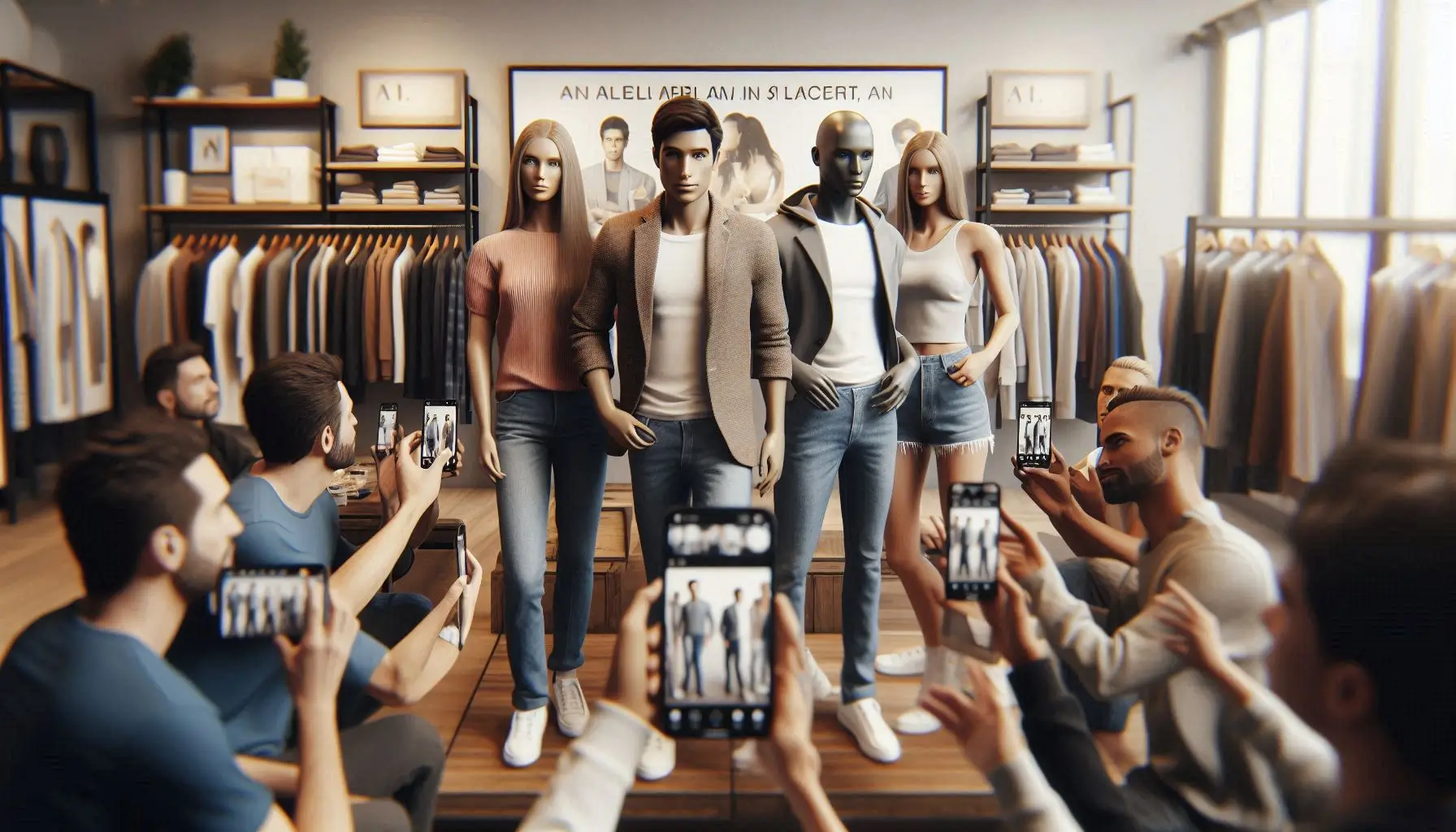 Create an image of a digital marketing campaign featuring AI-generated human models promoting a product. The scene should include virtual influencers interacting with followers on a social media platform, wearing different outfits or accessories. The focus should be on the realistic details of the models and how they enhance the product's appeal in the digital world