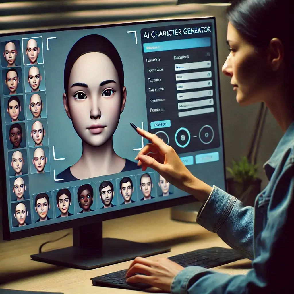 Generate an image of a user working with an AI Character Generator interface to create a character’s face. The screen should show options for customizing facial features, expressions, and personality traits, with the resulting character displayed in the center of the screen. The user should look focused as they adjust the character’s appearance to fit their creative vision.