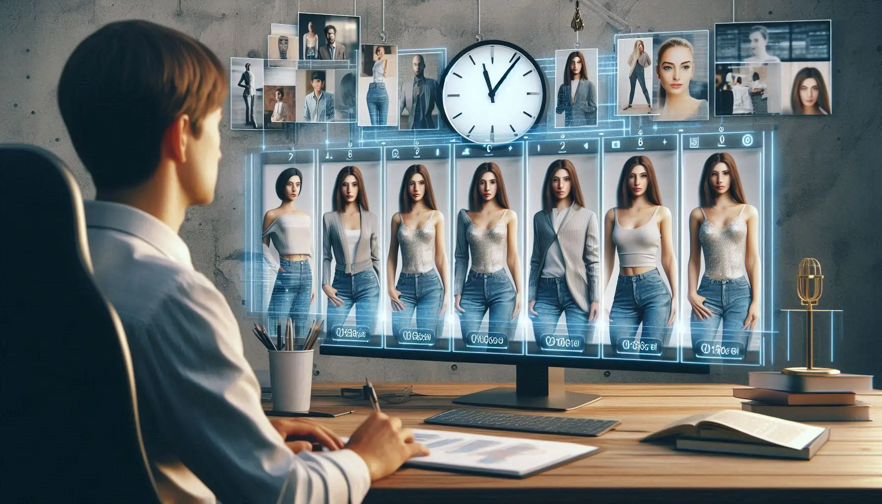 Create an image of a project manager or designer observing multiple AI-generated human models on a screen, each showing different clothing, poses, and features. In the background, a clock could be visible, symbolizing the time saved in the process. The user should look satisfied with the quick turnaround and efficient work being done.