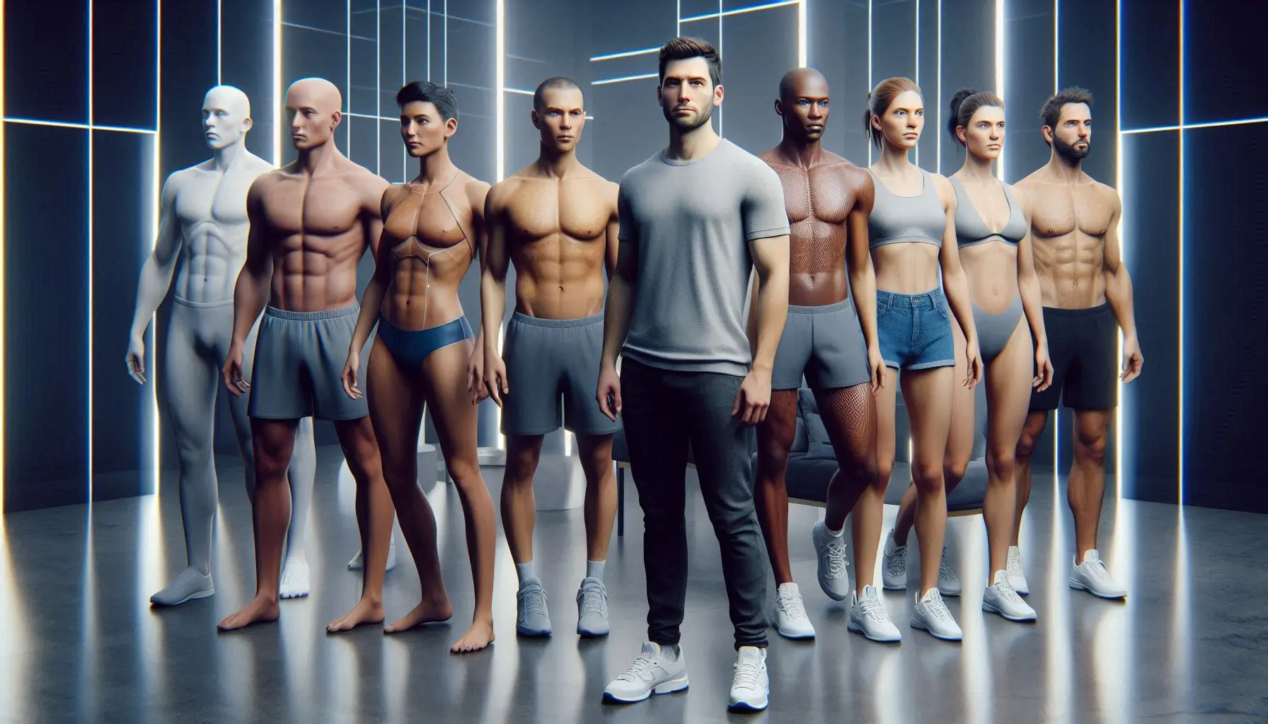 enerate an image showing a diverse collection of realistic human models created using AI, highlighting various body types, facial features, and clothing styles. The scene should showcase different models standing, sitting, and engaging in activities like walking or posing, with a sleek digital environment in the background. The focus should be on lifelike details, textures, and diversity.