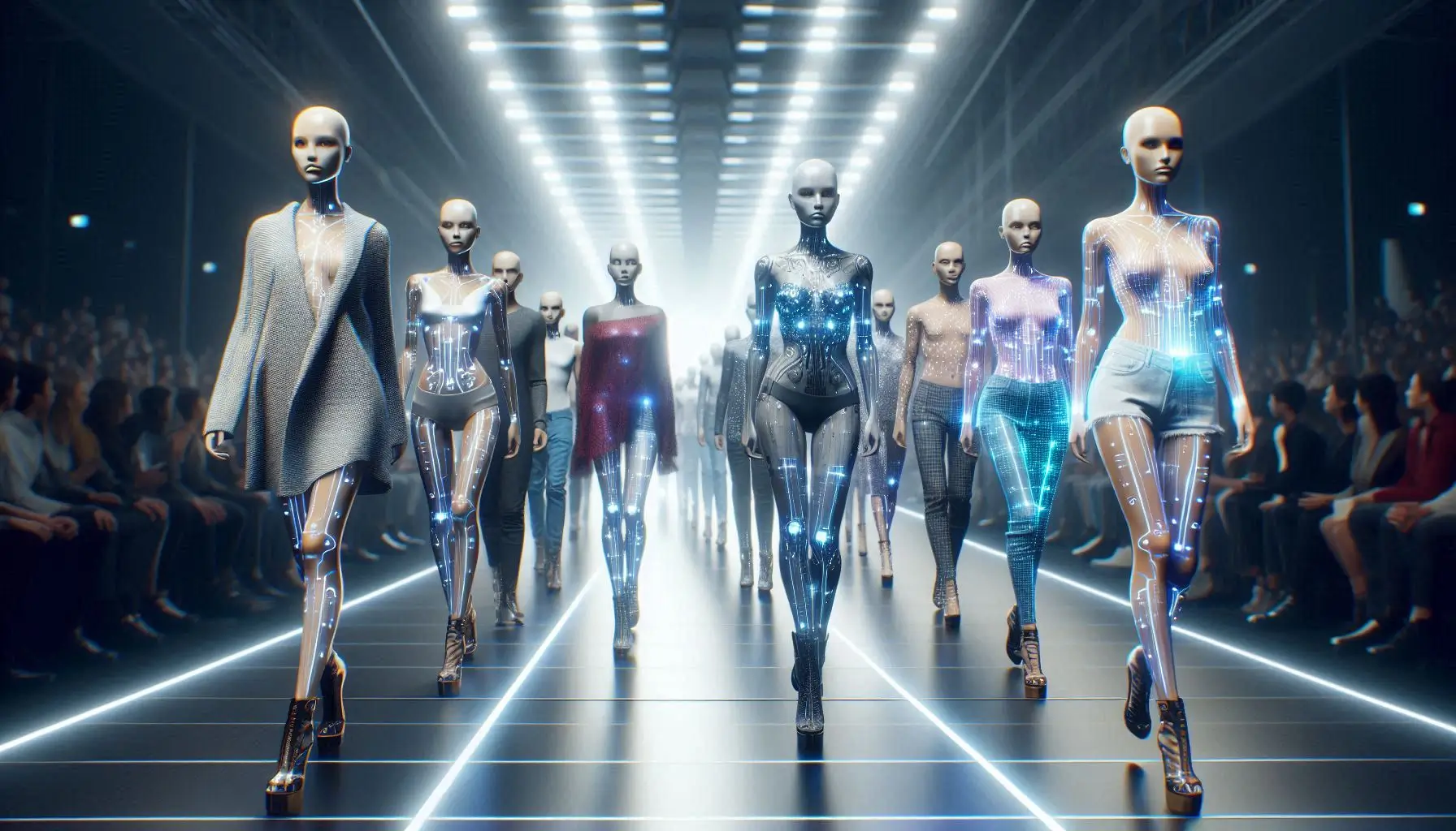 Generate an image of a futuristic fashion show with AI-generated models walking down the runway wearing various clothing styles. The models should have diverse body types and skin tones, showcasing a wide range of fashion choices. The setting should be modern, with sleek lighting and a high-tech, digital atmosphere, highlighting the fusion of fashion and AI technology.