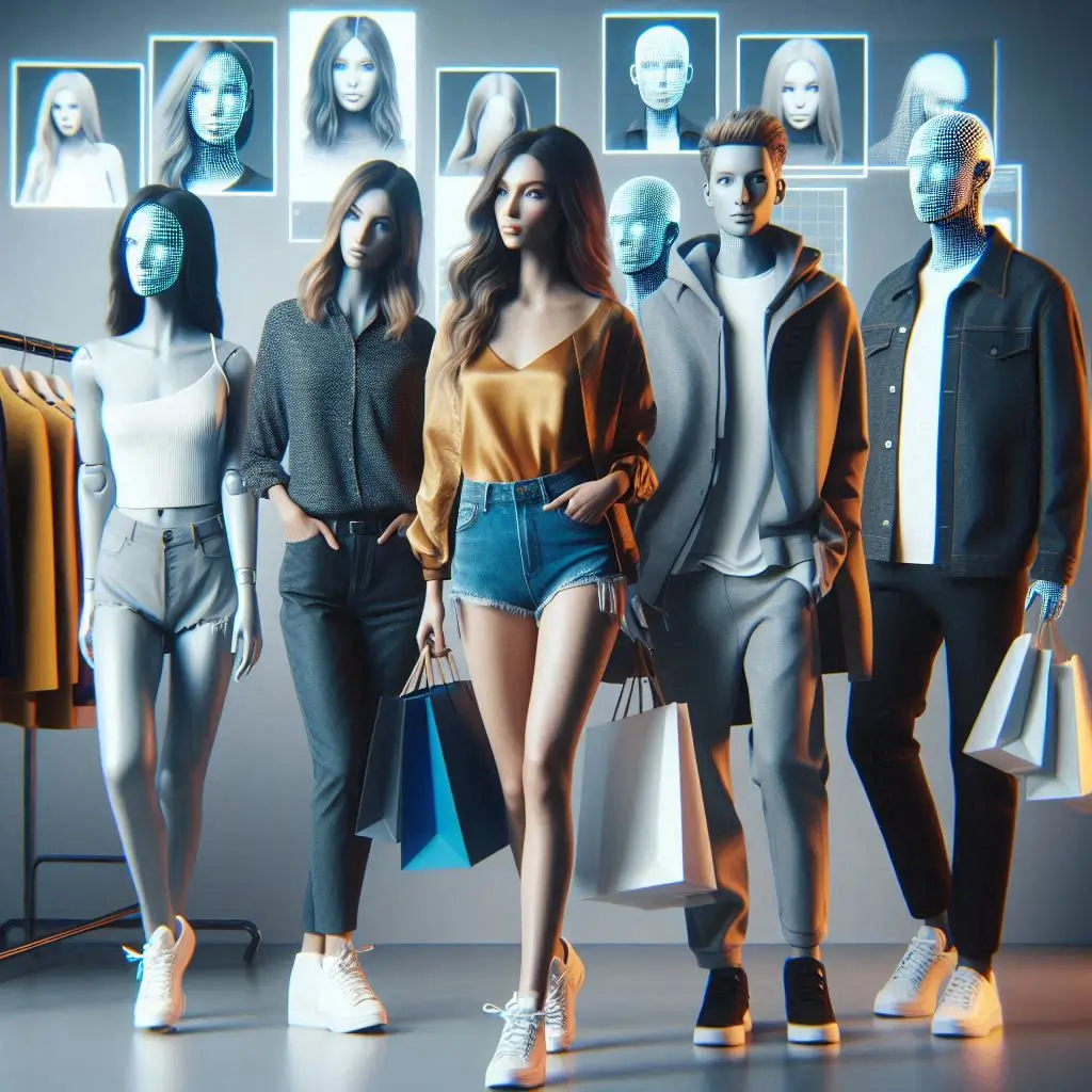 Generate an image of a digital marketing campaign where AI-generated models are used to showcase various products. The models should be diverse in appearance and dressed in the brand’s clothing, interacting with the products. The environment should look sleek and modern, highlighting the commercial appeal of AI-generated visuals.