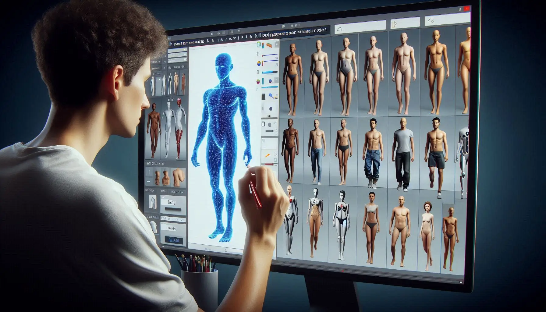 Generate an image showcasing a digital artist using an AI Full Body Generator to design a human model. The artist should be working with an interface where various options like body types, clothing styles, and facial features are visible. Multiple human models in different poses and looks should be displayed around the artist, emphasizing the creative freedom enabled by AI.