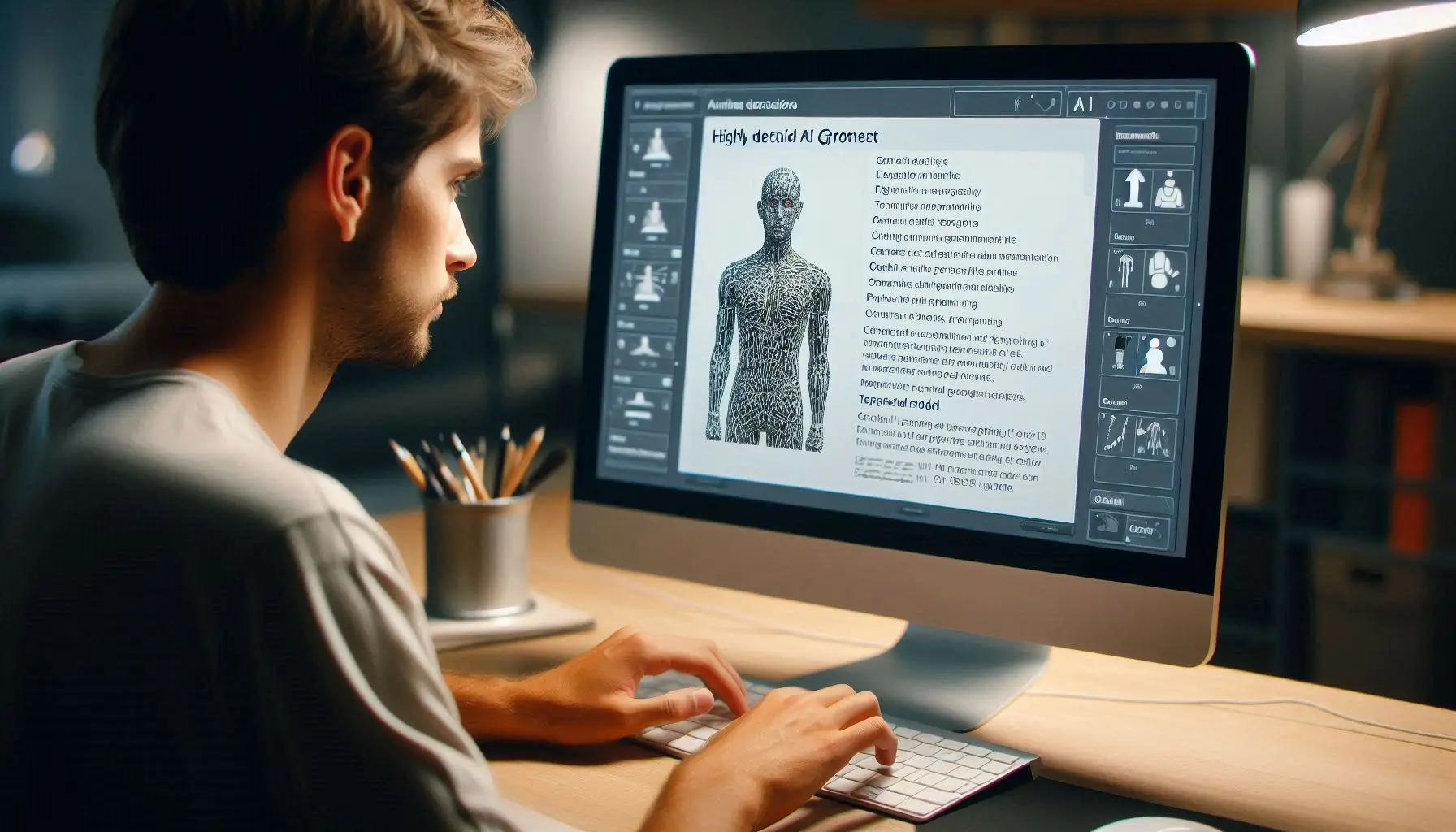 Create an image of a user typing a highly detailed AI prompt on a computer screen. The prompt should include specific details such as clothing, facial features, posture, and environment, with the generated model appearing on the screen beside the description. The user should look focused on writing a precise, clear description.