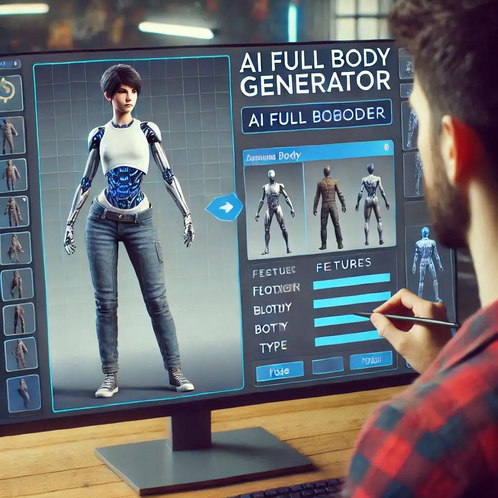 Generate an image showing an AI Full Body Generator interface being used to create a video game character. The user should be adjusting features like clothing, body type, and pose. The character on the screen should look dynamic, ready to be animated, with a futuristic game environment in the background.