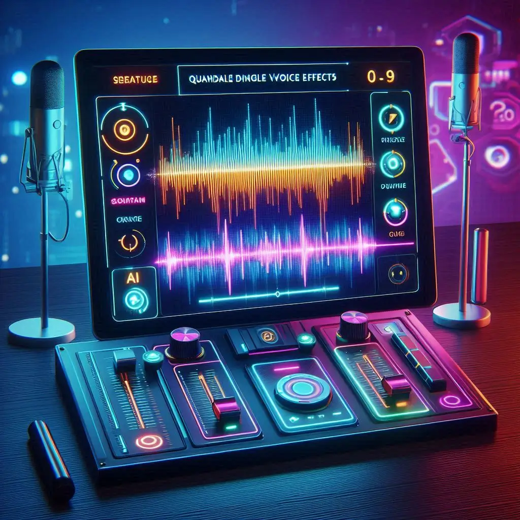 "A vibrant digital creator’s workspace featuring an AI voice waveform labeled ‘Quandale Dingle Voice Effects,’ with sliders for pitch, tone, and playback speed displayed on a futuristic control panel."