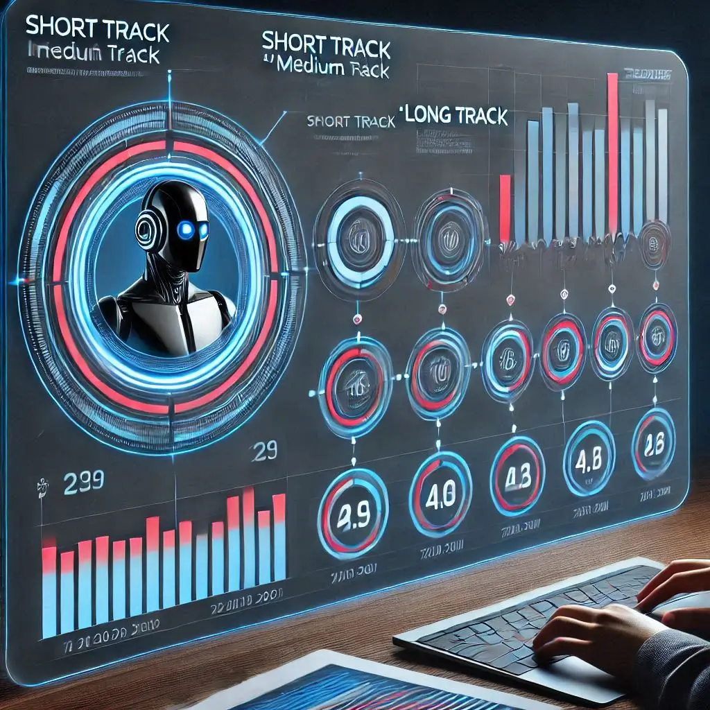 "A sleek dashboard infographic showing time and credit breakdown for generating AI covers, with progress bars representing ‘Short Track,’ ‘Medium Track,’ and ‘Long Track’ completion timelines."