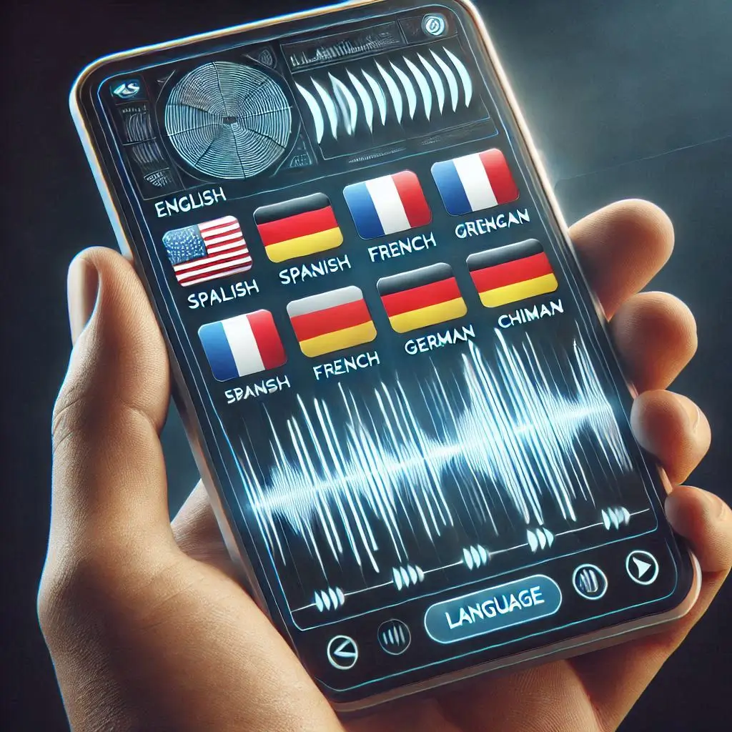 "A sleek interface showing multiple language options in a dropdown menu, with flags representing English, Spanish, French, German, and Chinese, and a waveform display for each selected language."