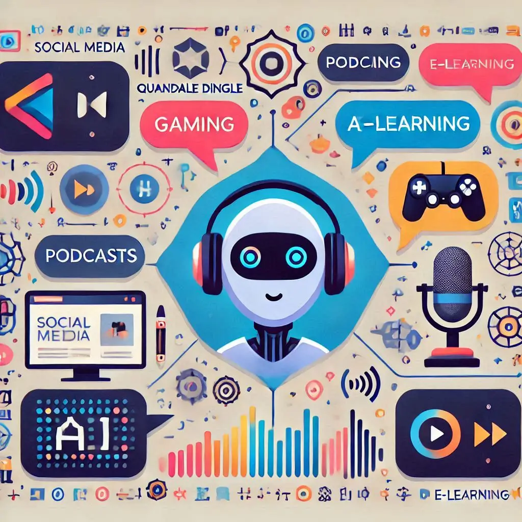 An animated infographic showing icons for social media, gaming, podcasts, and e-learning platforms, with speech bubbles featuring Quandale Dingle’s iconic AI voice pattern."