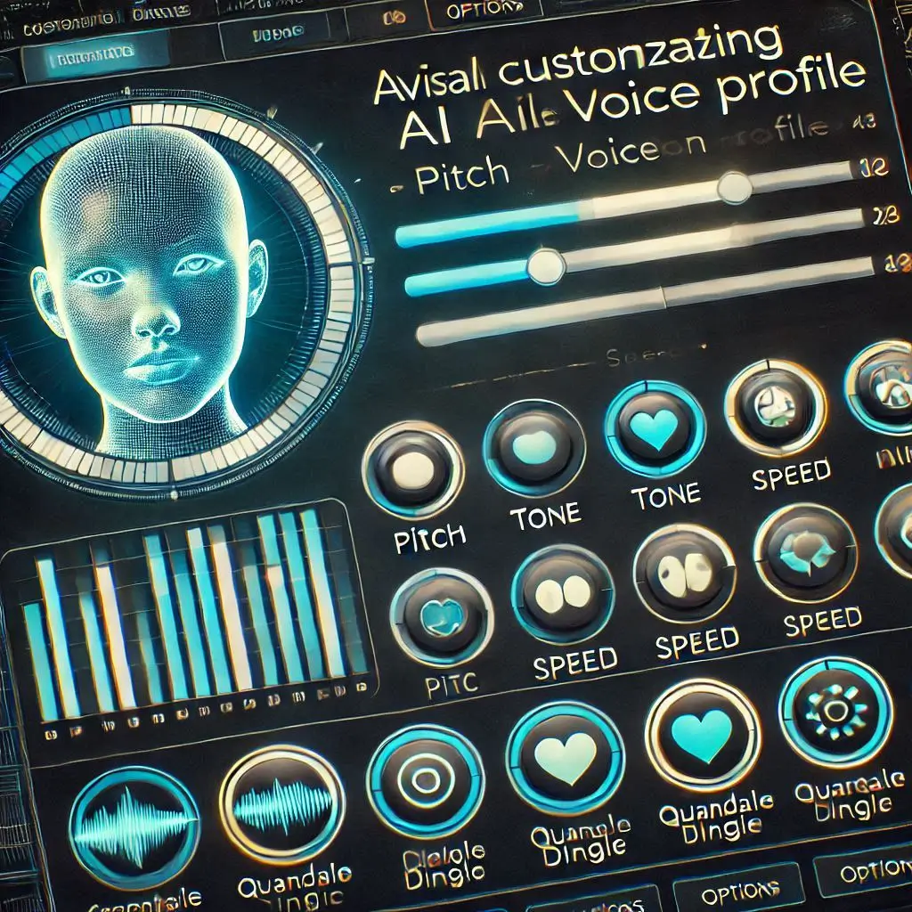 A visually appealing AI customization dashboard showing sliders for pitch, tone, speed, and emotion settings, with a highlighted ‘Quandale Dingle Voice Profile’ in the options menu."