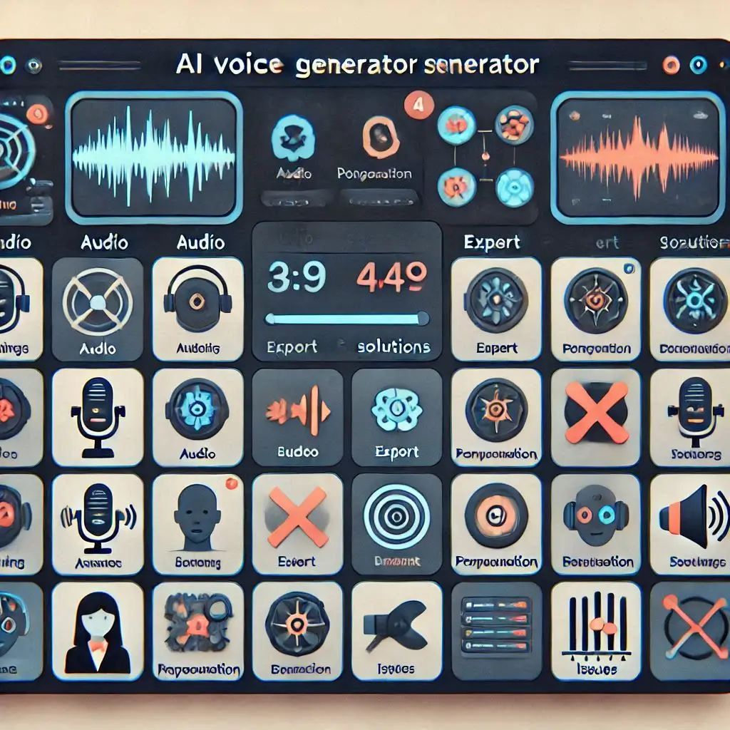 "A troubleshooting dashboard showing common AI voice generator errors with corresponding solutions, including icons for audio, export, and pronunciation issues."
