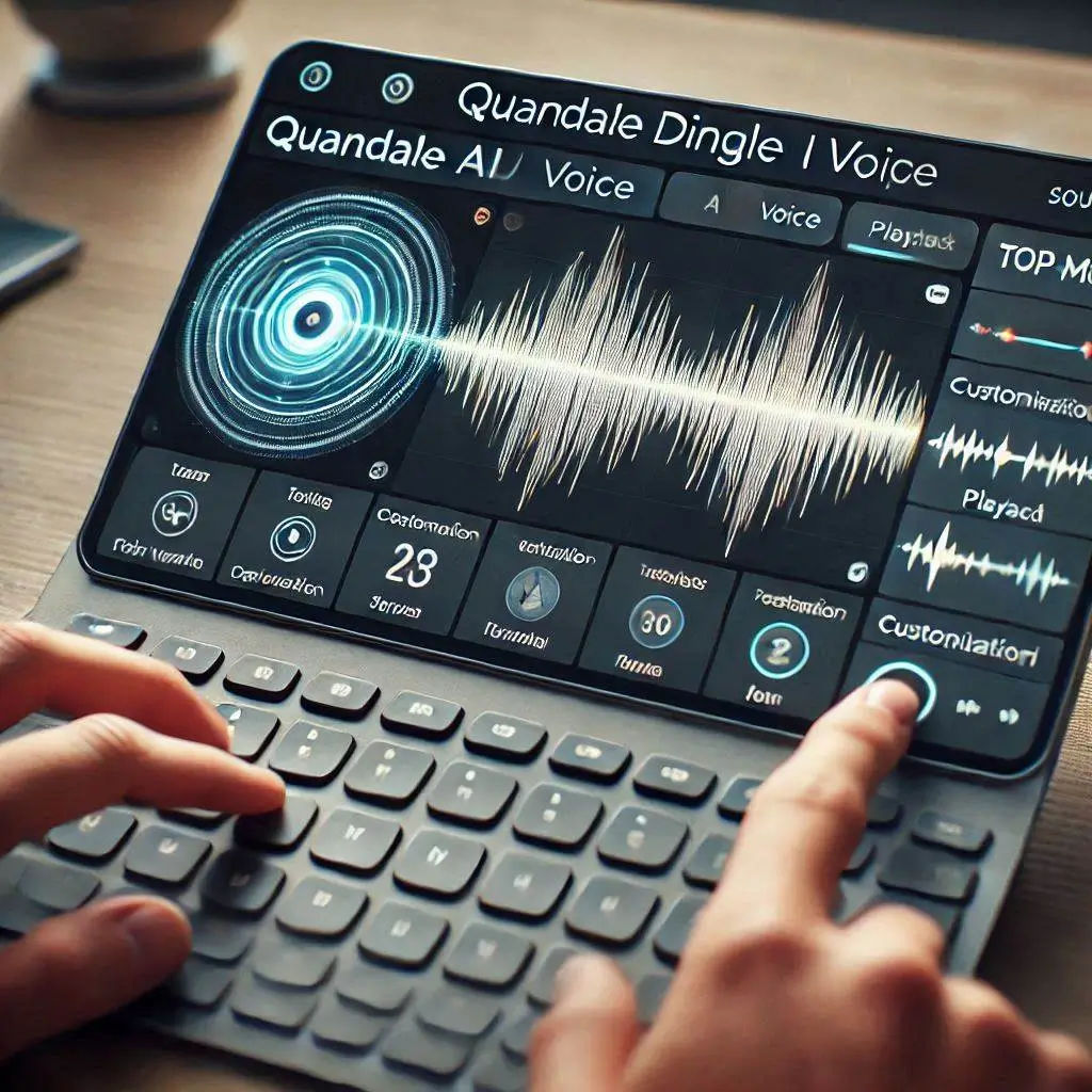A close-up of the TopMediai dashboard displaying Quandale Dingle’s AI voice waveform, customization settings, and a playback preview button."