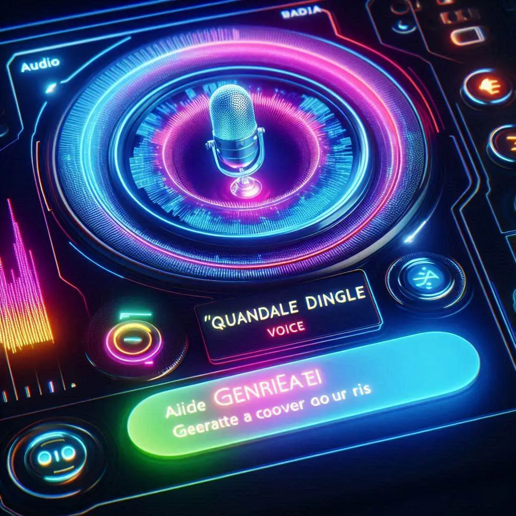 A vibrant digital interface showing an AI voice generator dashboard with audio waveforms, a highlighted 'Quandale Dingle' voice option, and a ‘Generate Cover’ button glowing on the screen."