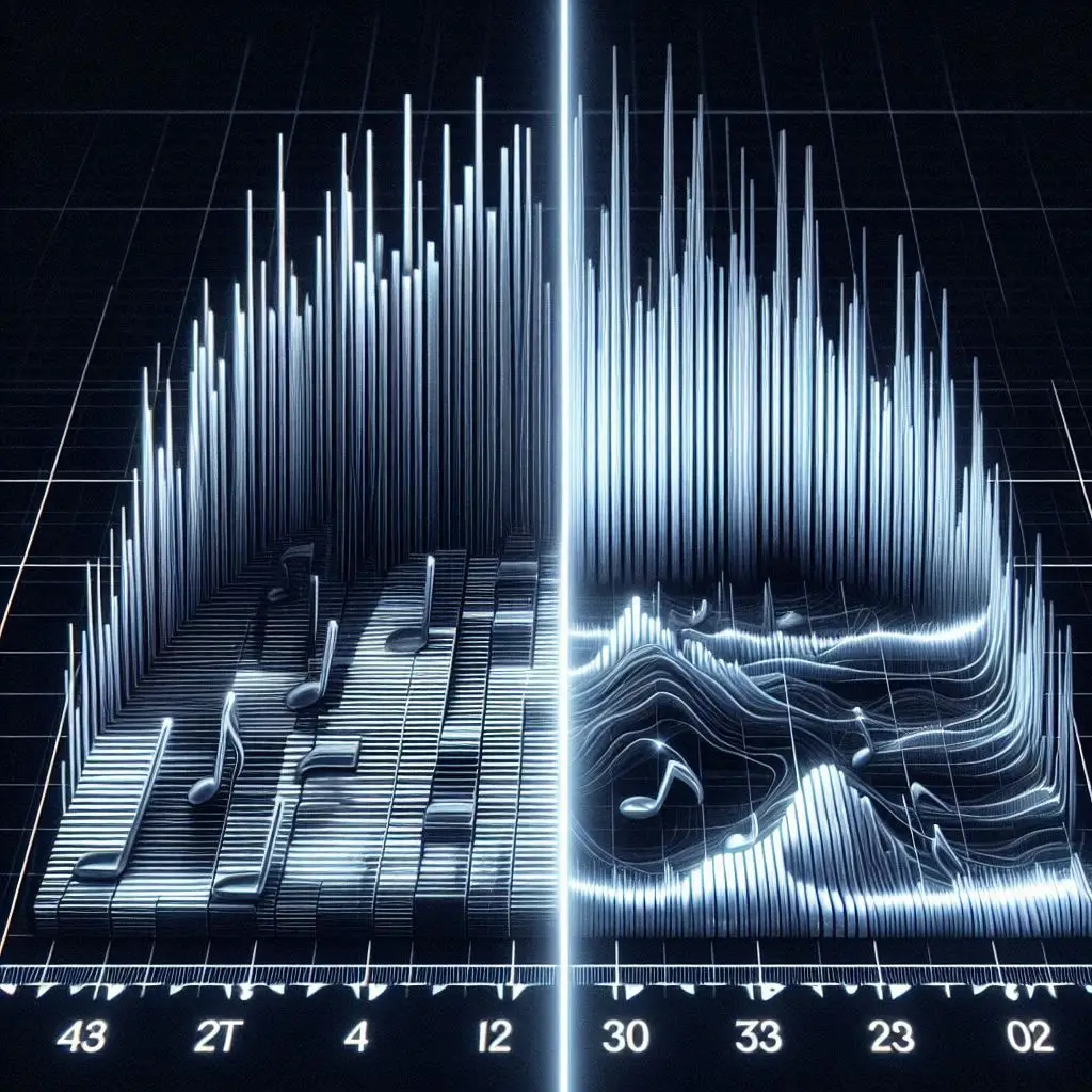 A side-by-side comparison image showing a ‘High-Quality WAV Track’ on one side and a ‘Low-Quality MP3 Track’ on the other, with clear differences in waveform sharpness and clarity."