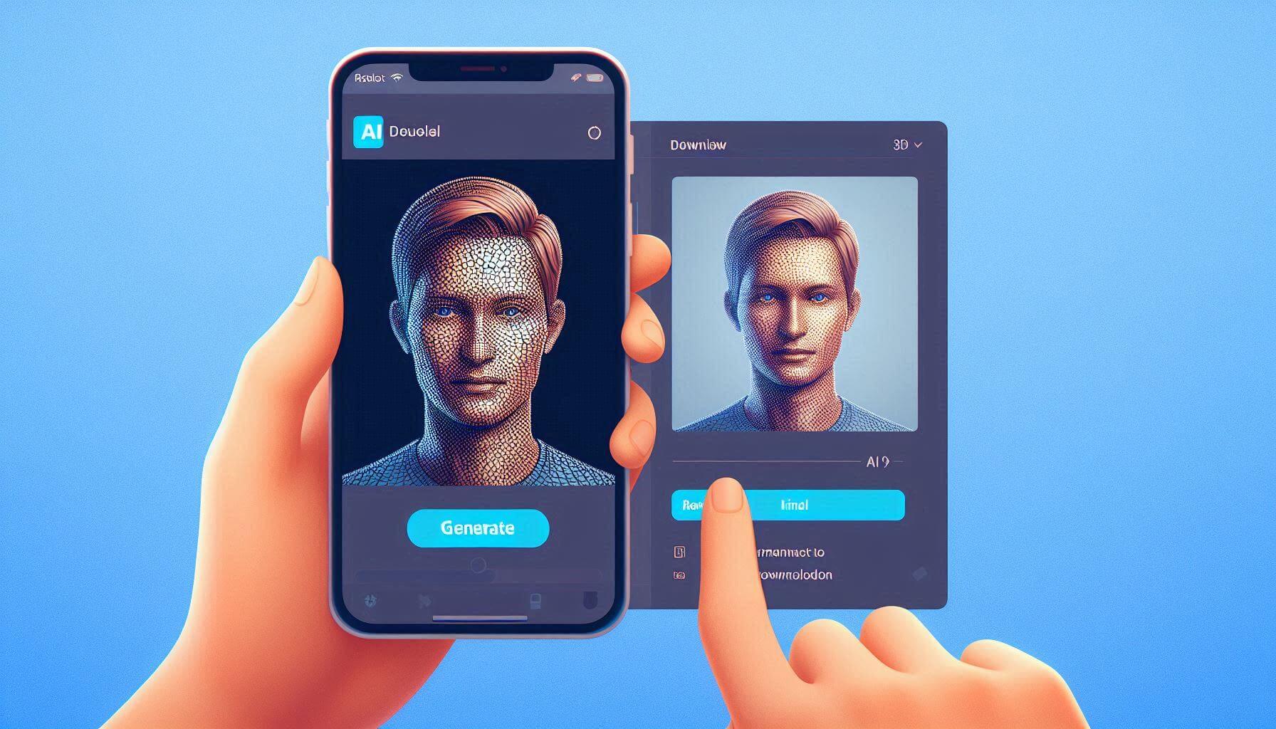 Create an image of a user reviewing the final AI-generated human model on their screen. The interface should display a “Generate” button being clicked, followed by a preview of the model. The user can then be seen downloading the model in a format suitable for their project, such as an image or 3D file.