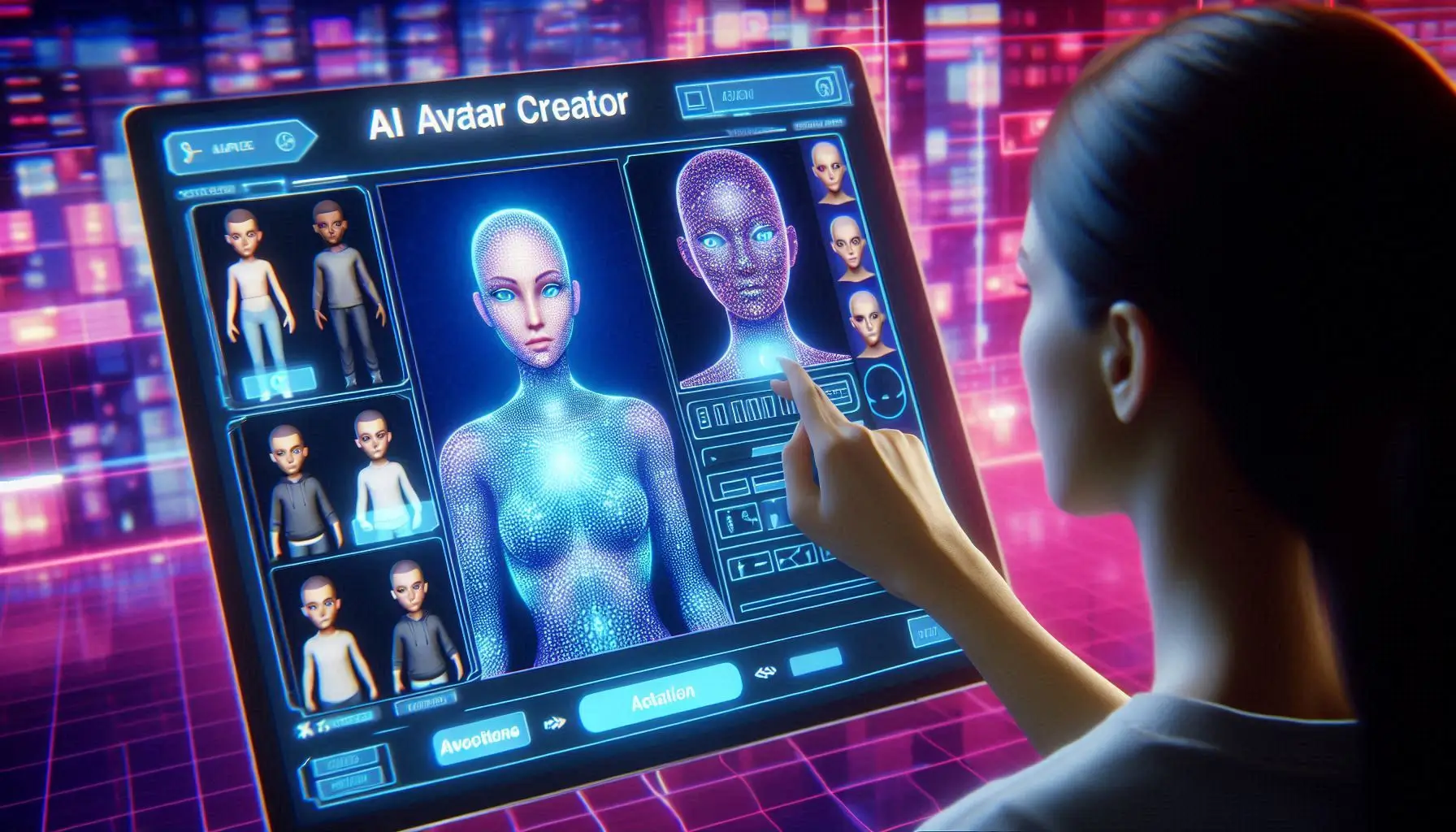 Generate an image showing a user interacting with an AI Avatar Creator interface. The screen should display a customizable avatar with various options for body features, clothing, and accessories. The user should be adjusting the avatar's appearance, preparing it for use in a VR environment or social media platform, with the avatar shown in a vibrant digital space.