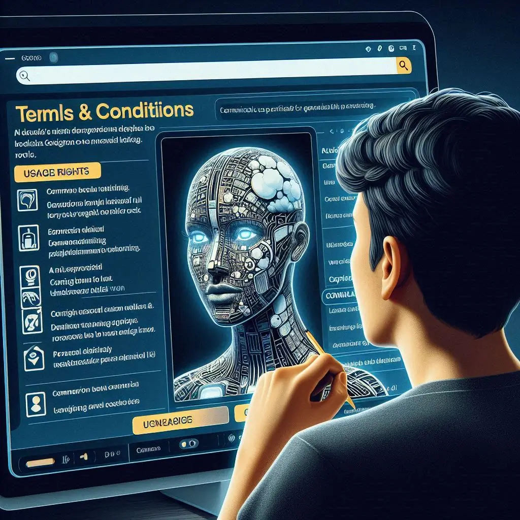 Create an image of a user reading through the terms and conditions on the website of an AI Full Body Generator. The screen should show a section on usage rights, licensing, and copyright policies. The user should be paying close attention to the details regarding commercial and personal use of the generated images. What Are the Advantages Over Traditional Design Tools?
