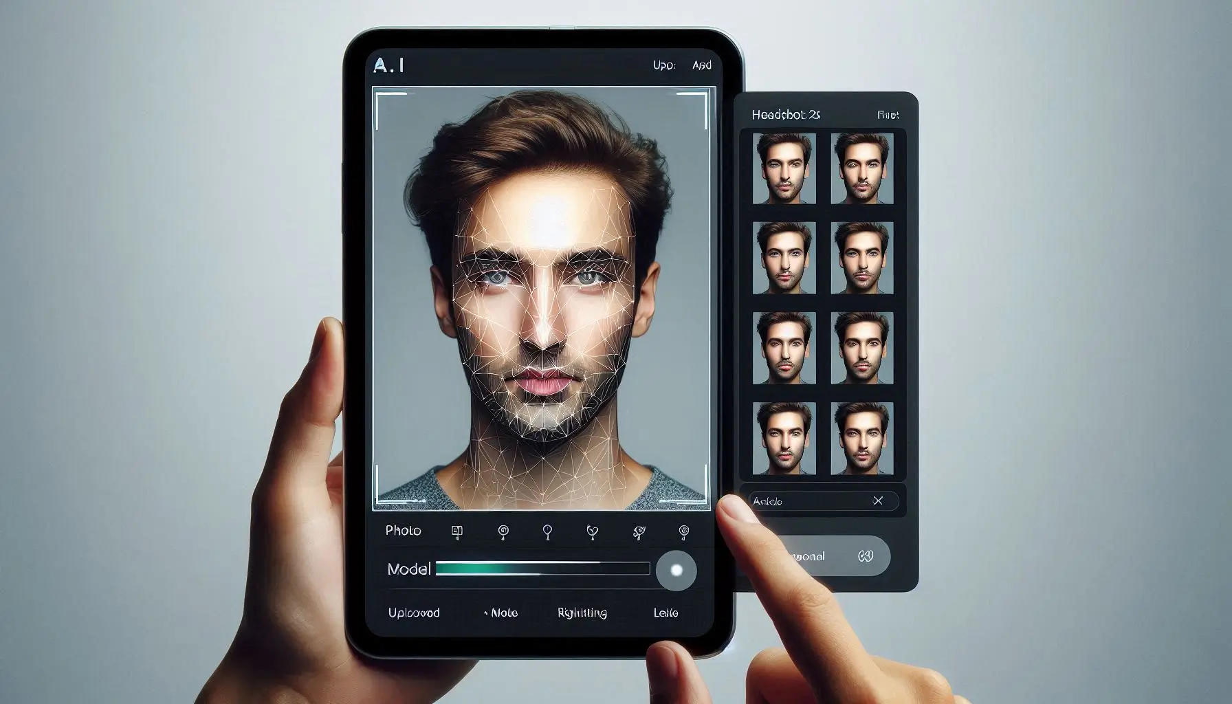 Generate an image of a user using the AI Headshot Generator to create a professional portrait. The screen should show a photo being uploaded or a model being customized, with the AI adjusting features like background, lighting, and expression. The resulting high-quality headshot should be displayed, reflecting a polished, professional appearance.