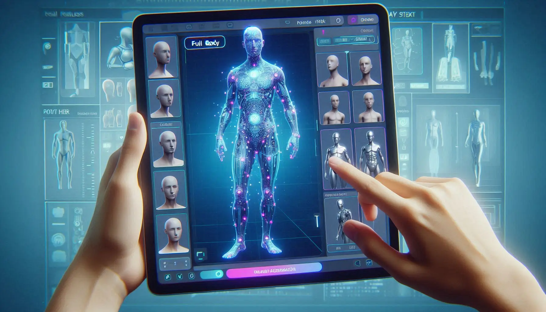 Generate an image of a user creating a VR avatar using an AI Full Body Generator. The interface should allow for customization of physical features, clothing, and pose. The user should be seen adjusting their avatar’s body, and the avatar should be displayed in a VR-like environment, interacting with other digital personas in a metaverse setting.