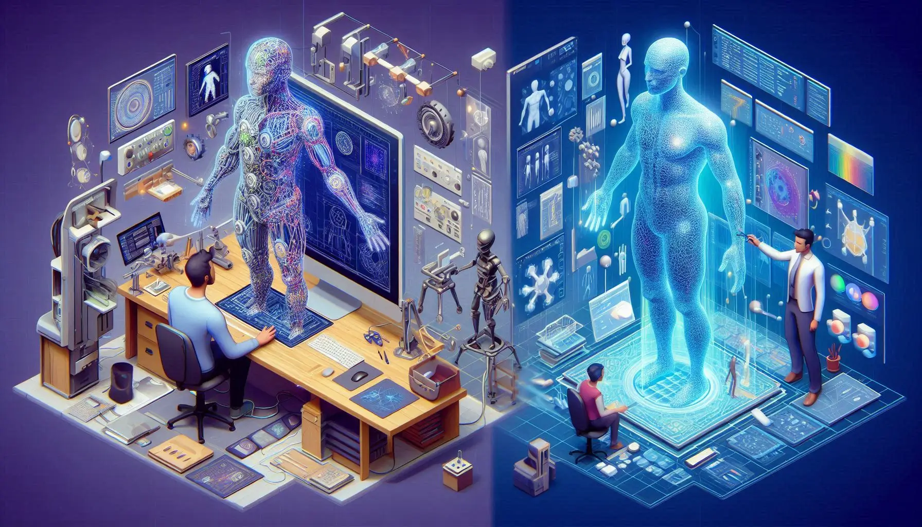 Generate an image comparing the traditional 3D design process with an AI Full Body Generator. On one side, show a designer working with complex 3D modeling software, with multiple layers and technical controls. On the other side, show a user easily creating a model with an intuitive AI interface. The scene should emphasize the efficiency and simplicity of using AI over traditional methods.