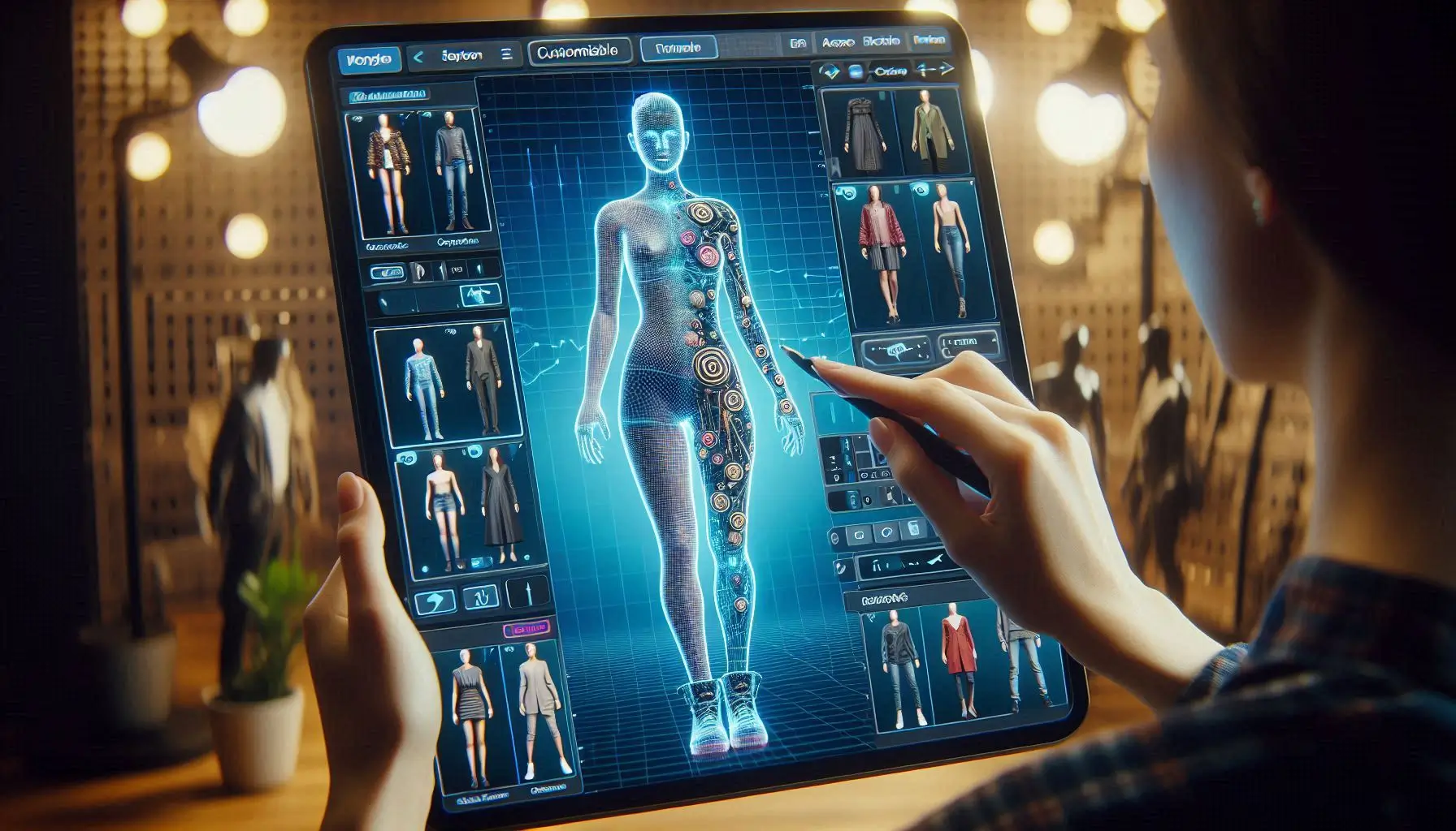 Generate an image showing an AI Full Body Generator interface with a user adjusting various customizable options for a human model. The screen should display options for clothing, accessories, and hairstyles, with the model being adjusted in real-time. The model should be shown with a customizable background, highlighting the flexibility of the tool.