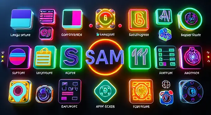 A collage showcasing various icons representing the key features of SAM, such as language support, customization options, and API access.