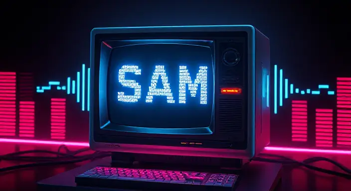 A stylized image combining a retro computer monitor displaying text with sound waves emanating from it, representing the combination of the classic SAM voice with modern music.