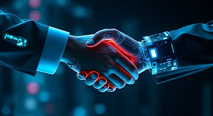 A stylized image of a handshake between a human and a digital avatar, symbolizing the intersection of AI and human interaction in recruitment.