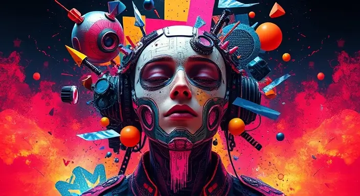 A provocative artwork featuring abstract elements that challenge societal norms, blending vibrant colors, chaotic shapes, and fragmented imagery. The composition should be bold and attention-grabbing, representing non-traditional concepts in an artistic way."