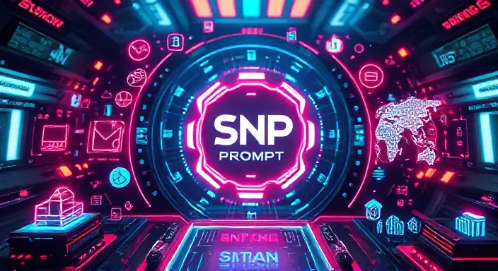 A futuristic, vision-driven visual with Snack Prompt AI’s logo in the center, surrounded by icons representing creativity, collaboration, and global expansion.