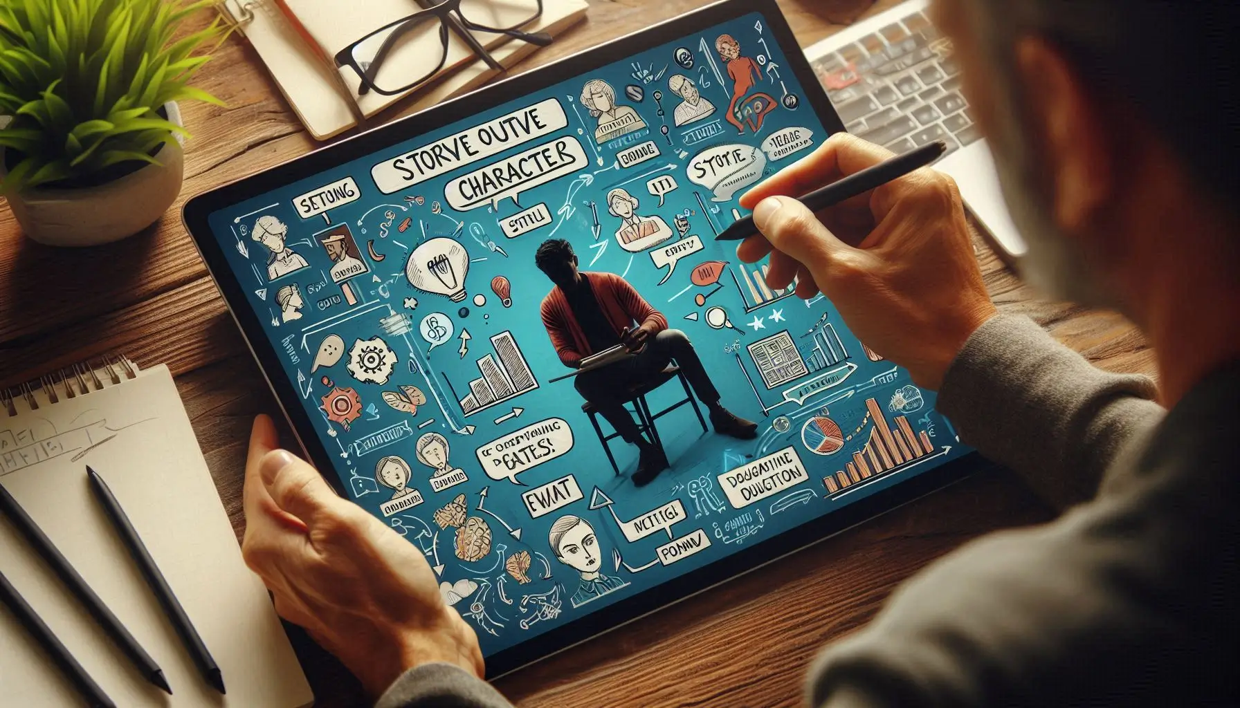A creative writer brainstorming ideas using myStylus on a tablet. Show story outlines, character profiles, and dialogue suggestions on the screen."