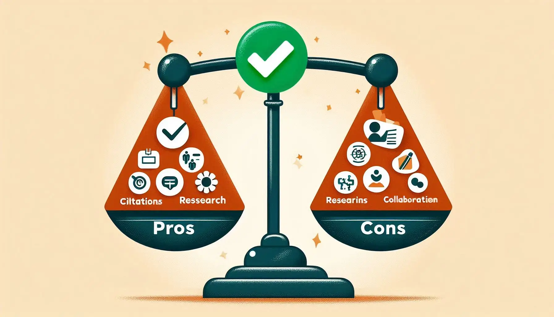 A balanced scale with 'Pros' on one side (stacked with icons like 'Citations', 'Research', and 'Collaboration') and 'Cons' on the other (with fewer items like 'Glitches' and 'Cost'). Add a green checkmark above the scale to indicate a positive recommendation."