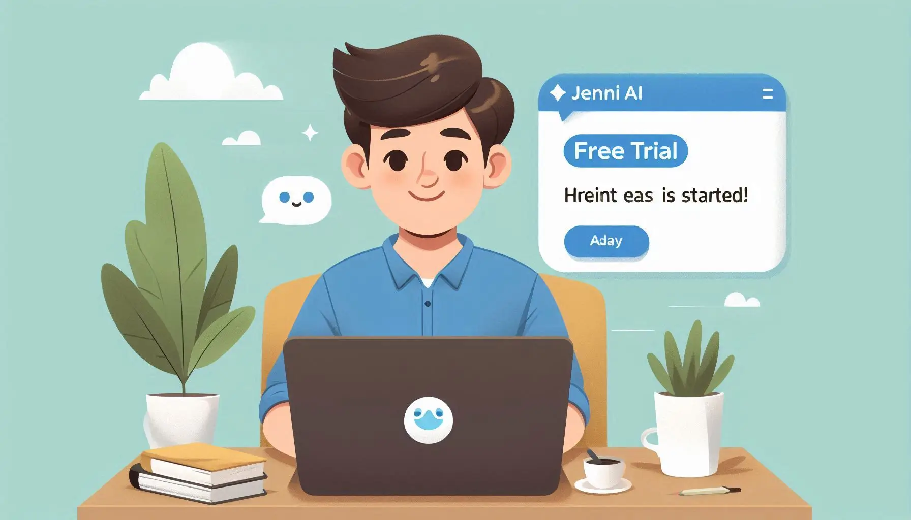 A smiling user sitting at a desk, signing up for Jenni AI's free trial on their laptop. Show a pop-up notification saying 'Your Free Trial Has Started!' to highlight ease of use."