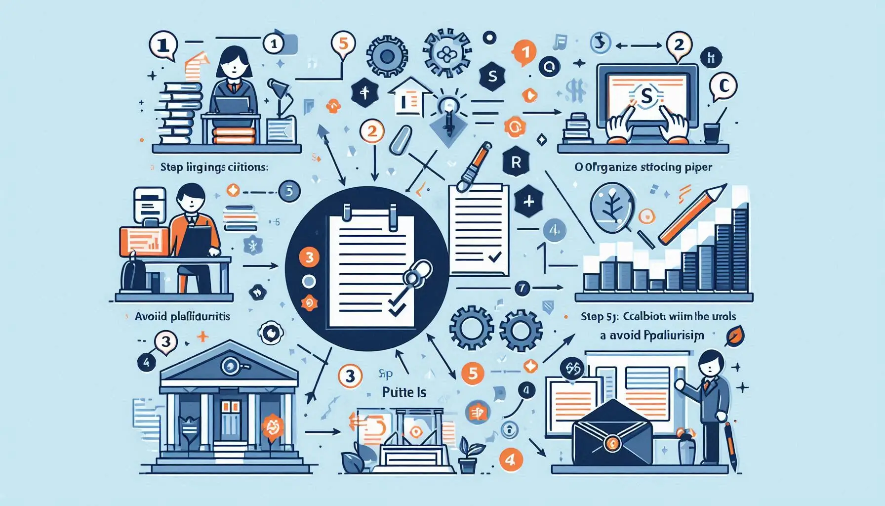 An infographic illustrating key steps in academic writing: Step 1 - Organize citations; Step 2 - Structure your paper; Step 3 - Avoid plagiarism; Step 4 - Collaborate with peers; Step 5 - Submit to journals. Use icons and arrows for visual flow."