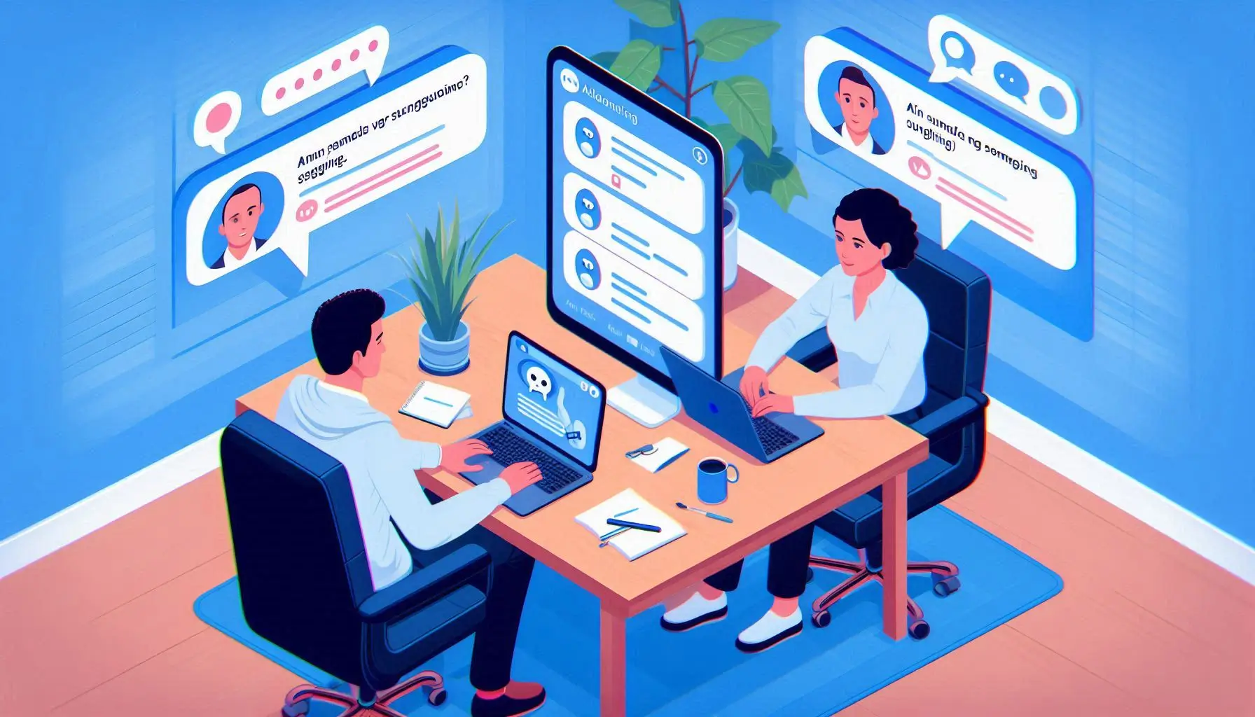 A virtual meeting setup where two people are collaborating on a shared Jenni AI document. Show chat bubbles indicating AI-generated suggestions and comments from both users."