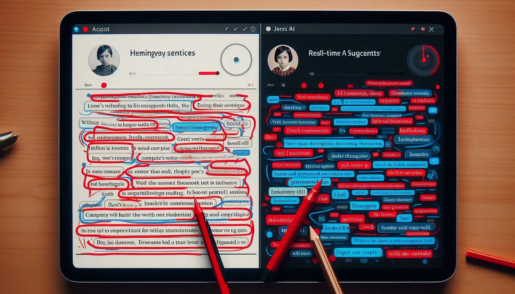 A split-screen view showing Hemingway Editor highlighting complex sentences in red and suggesting simpler alternatives. Contrast this with Jenni AI's real-time AI suggestions."