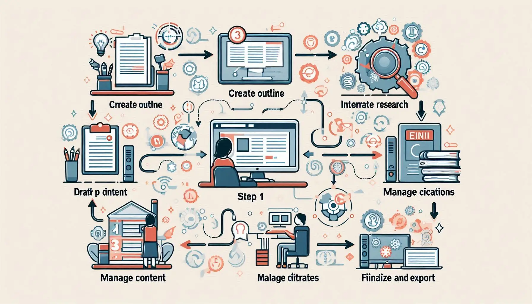 An infographic illustrating the step-by-step process of using Jenni AI for thesis writing: Step 1 - Create an outline; Step 2 - Integrate research; Step 3 - Draft content; Step 4 - Manage citations; Step 5 - Finalize and export. Use icons and arrows for visual flow.