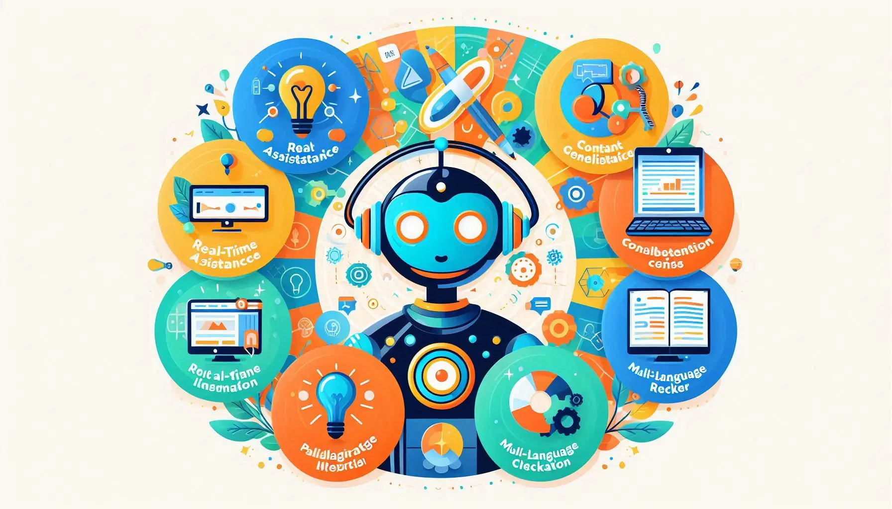 An infographic-style illustration showcasing the top five features of Jenni AI: Real-Time Assistance, Content Generation, Plagiarism Checker, Multi-Language Support, and Research Integration. Use vibrant colors and icons for visual appeal."