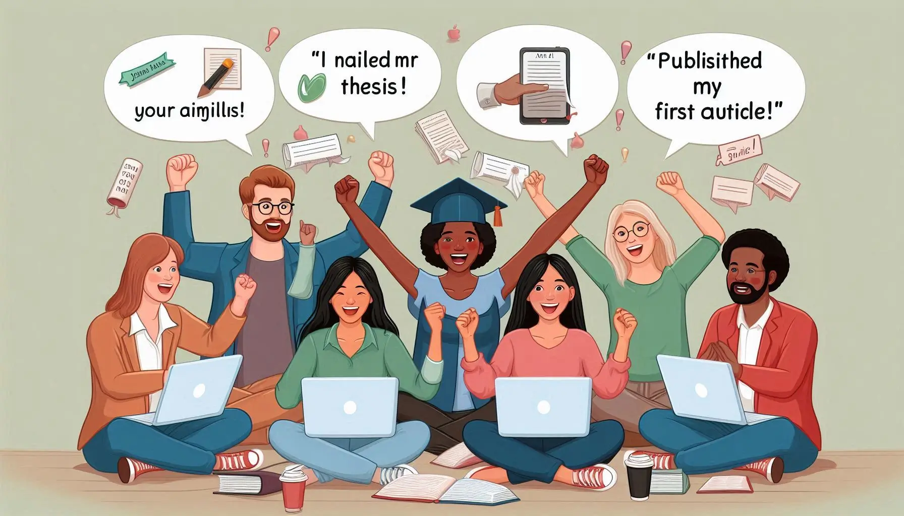 A diverse group of writers celebrating their achievements with laptops displaying Jenni AI. Add speech bubbles with phrases like 'I nailed my thesis!' and 'Published my first article!'"
