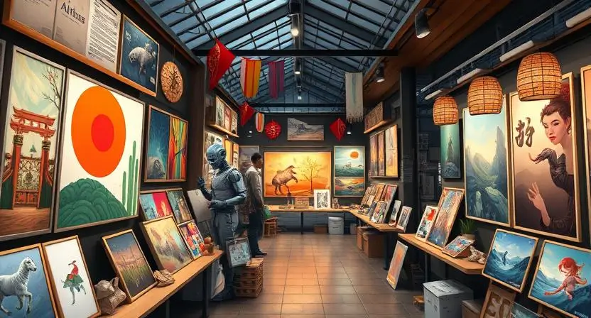 Generate an image of a digital art marketplace with AI-generated artwork displayed alongside traditional digital art, showing how Niji AI art can coexist with established forms of art in the marketplace.