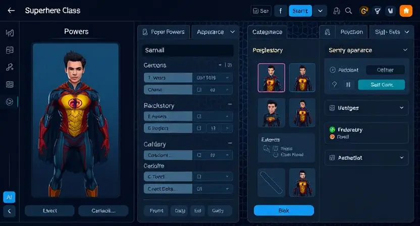 "Generate an image showing a superhero character being customized in an AI interface, with options for powers, appearance, and backstory being adjusted."