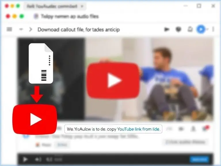 A visual showing a user downloading an audio file or copying a YouTube link from a video, with a focus on the YouTube logo and audio files.