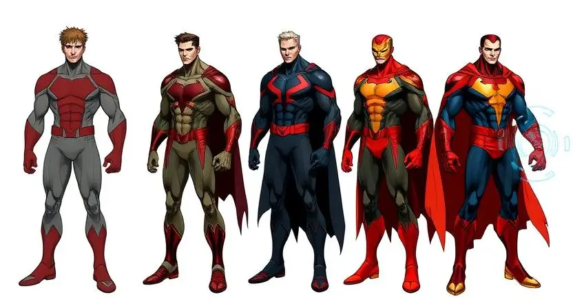 "Generate an image of a superhero character evolving through various stages of design, from concept to final design, showcasing visual traits and powers."