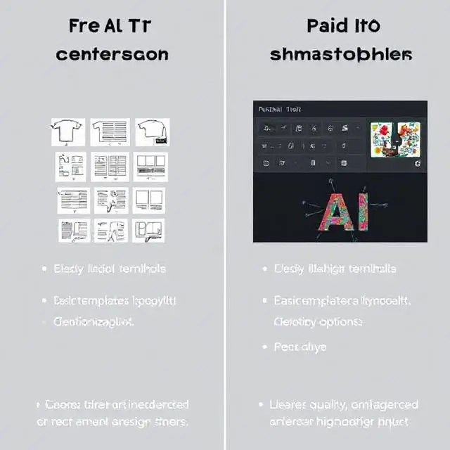 A side-by-side comparison of a free AI T-shirt design generator (showing basic templates and limited customization) versus a paid AI design tool (showing advanced design options and high-quality output). Highlight the difference in features.