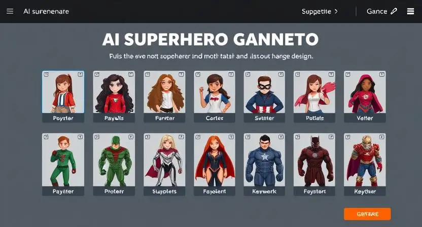 "Generate an image of an AI superhero generator interface with options for different character designs, showcasing diverse combinations of superhero traits and powers."