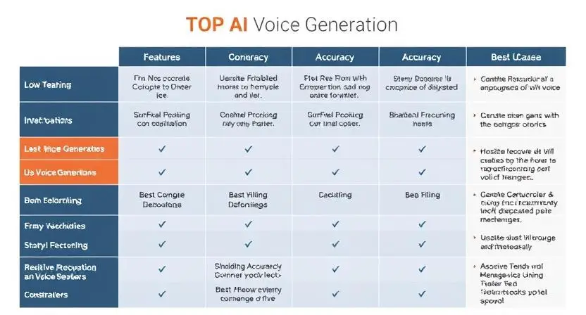 A comparison chart of top AI voice generators, highlighting their features, accuracy, and best use cases.