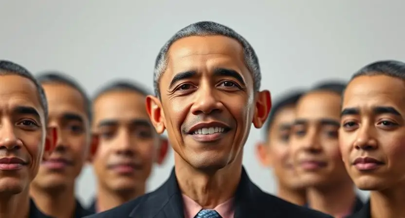"Generate an image of a digital avatar displaying different emotional expressions with Obama’s AI voice in the background, emphasizing real-time adaptability and emotion recognition in AI technology."