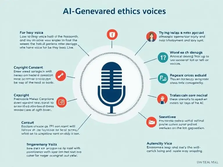 An infographic illustrating the ethical considerations of AI-generated voices, highlighting issues like copyright, consent, and authenticity.